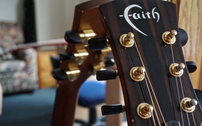 guitar leaning against a mirror